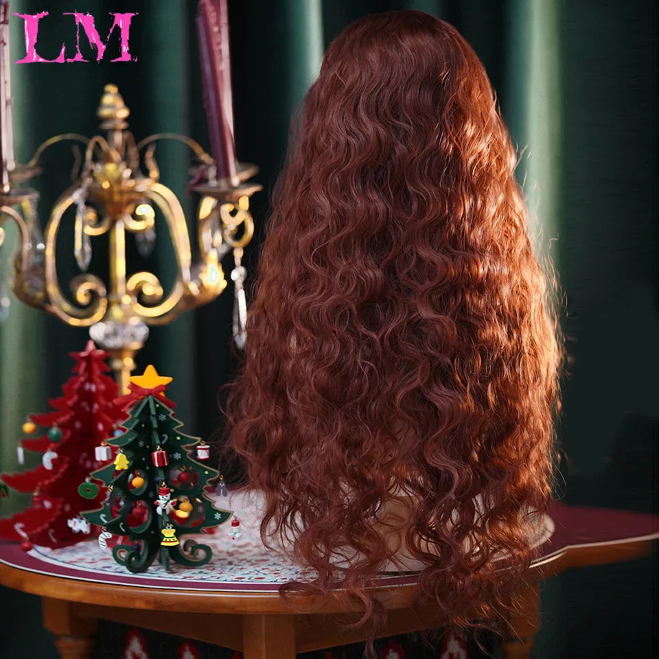 LM Red Brown Copper Ginger Short Curly Synthetic Wigs for Women Natural Wave Wigs with Bangs Heat Resistant Cosplay Hair