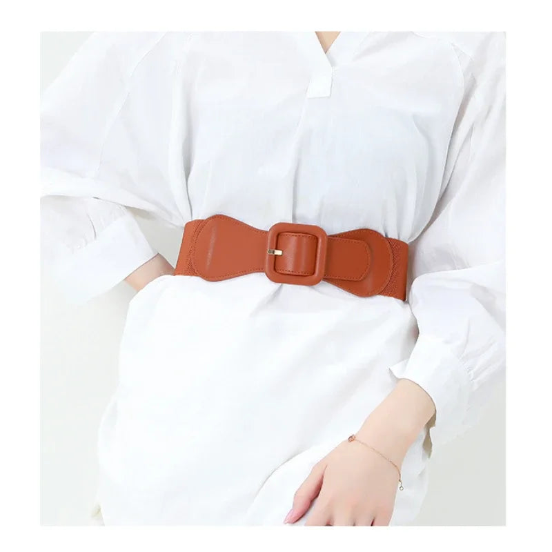 Women's Fashion Wide Belt Square Pin Buckle Imitation leather elastic  Waist Strap Costume matching decoration Dress Waistband