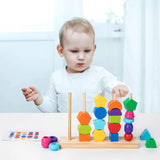 Montessori Wooden Beads Sequencing Toy Set, Five Columns Stacking Colorful Blocks,Lacing Beads, Matching Shape Stacker