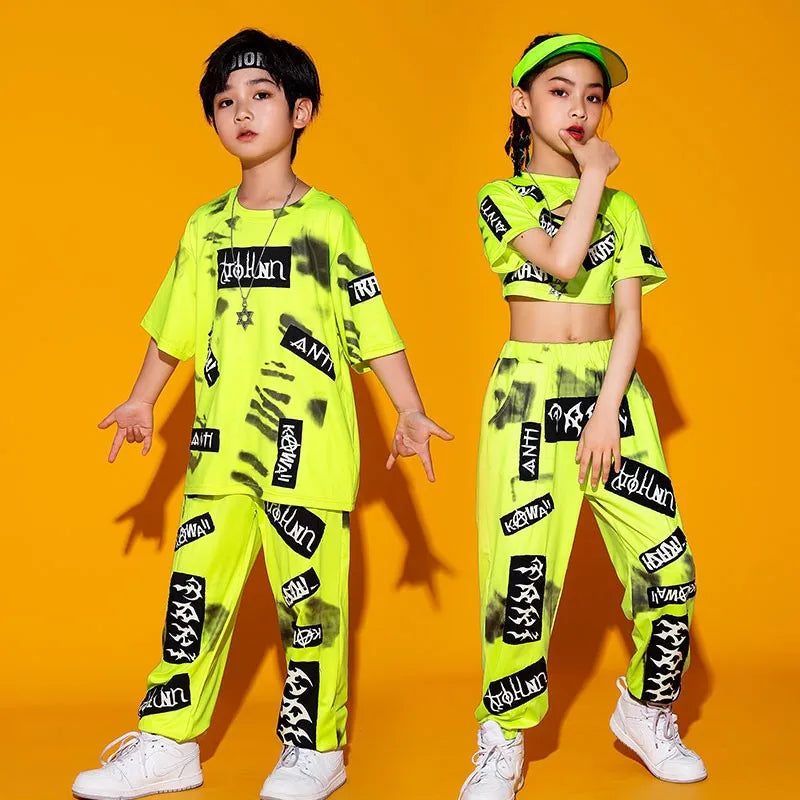 Kid Cool Hip Hop Clothing Green Crop Tank Top T Shirt Print Casual Street Jogger Pants for Girl Boy Jazz Dance Costume Clothes