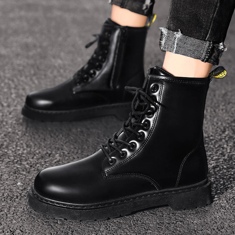 Leather Boots Man  Autumn Winter High Top Classic Basic England Black Men's Biker Boot Fashion Young Waterproof Trendy All-match