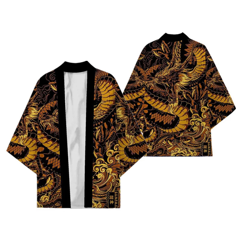 Black Kimono Cardigan Women Men Japanese Obi Male Yukata Men's Haori Chinese Dragon Print Coat Traditional Japan Clothing