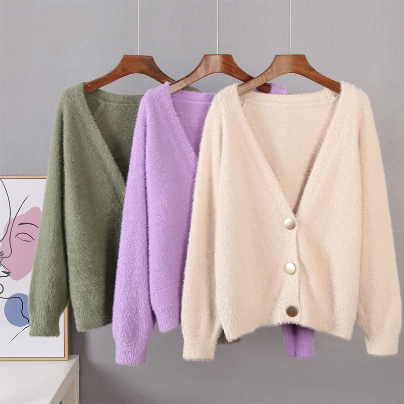 Hirsionsan Elegant Long Sleeve Mohair Sweater Women 2023 New Single-Breasted Female Short Cardigan Soft Flexible Knitted Outwear