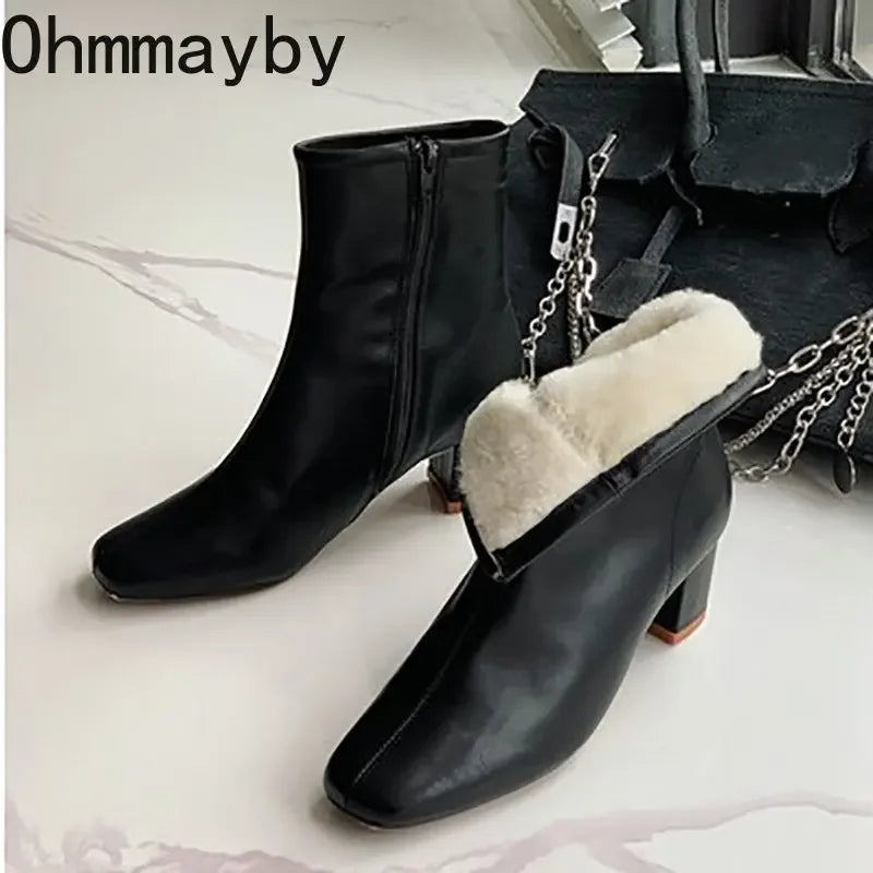 2024 Winter Warm Plush Women Ankle Boots Fashion Zippers Thick High Heel Shoes Street Style Eelgant Keep Warm Ladies Short Boot