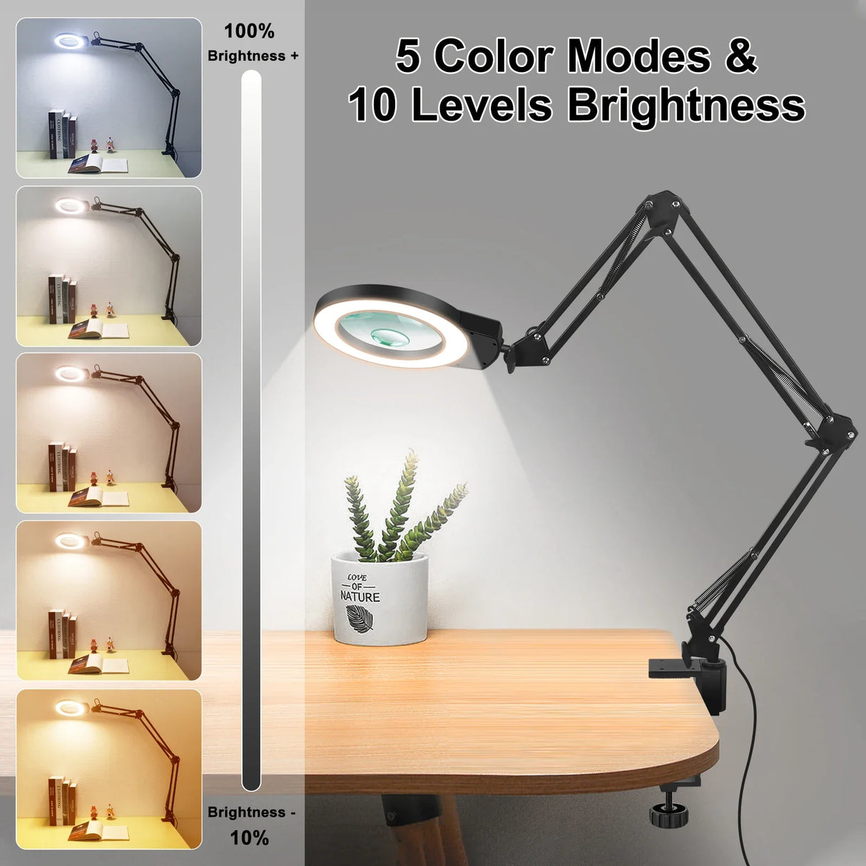 NEWACALOX 10X/5X Magnifier 5 Colors Illuminated Magnifying Glass Touch Control Table Lamp for Soldering Close Work RepairingTool
