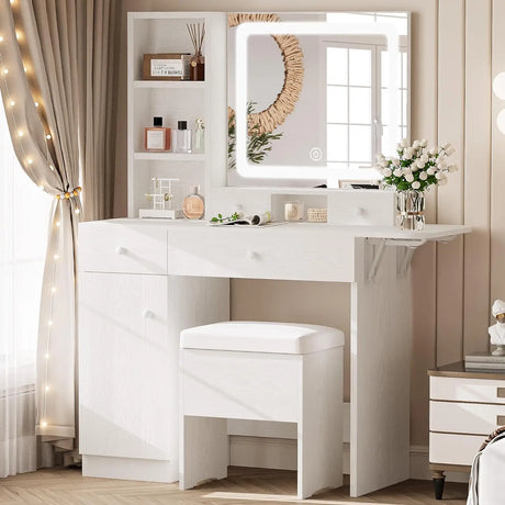 Vanity Desk with Drawers & LED Lighted Mirror & Power Outlet & Cabinet, Storage Stool, Stylish Bedroom Makeup Table Set,