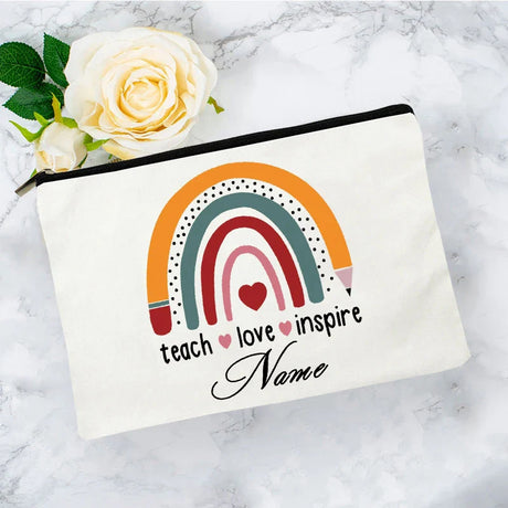 White Personalized Name Bag woman rainbow print Makeup Bag Storage Pouch Toiletries storage Cosmetic Pocket Gift for teachers