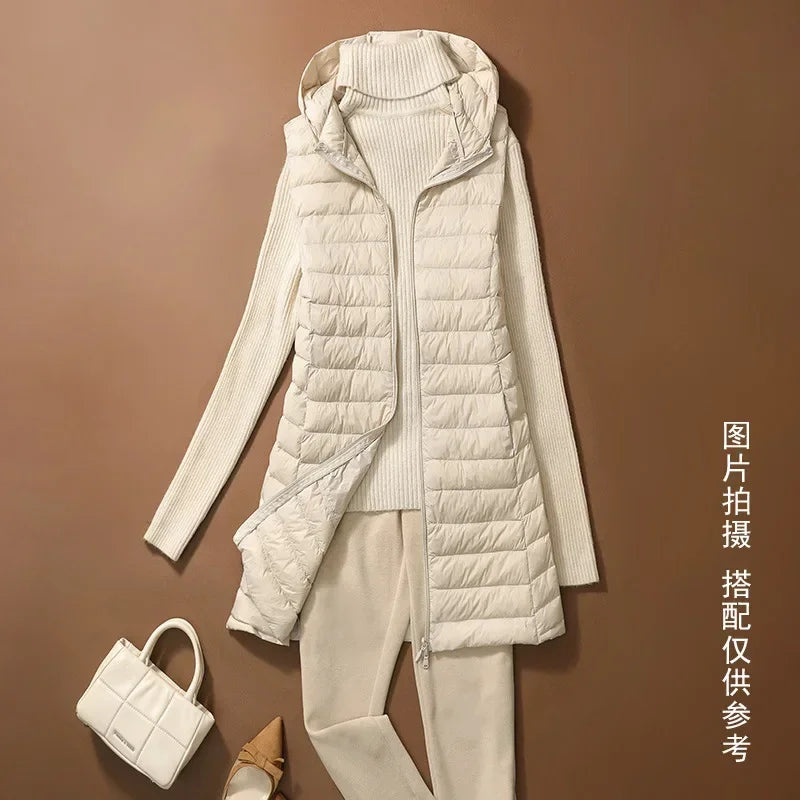 Women's Autumn/Winter X-long Hooded Sleeveless Jackets 2023 New White Duck Down Female Slim Fit Office Lady Warm Vest Coat