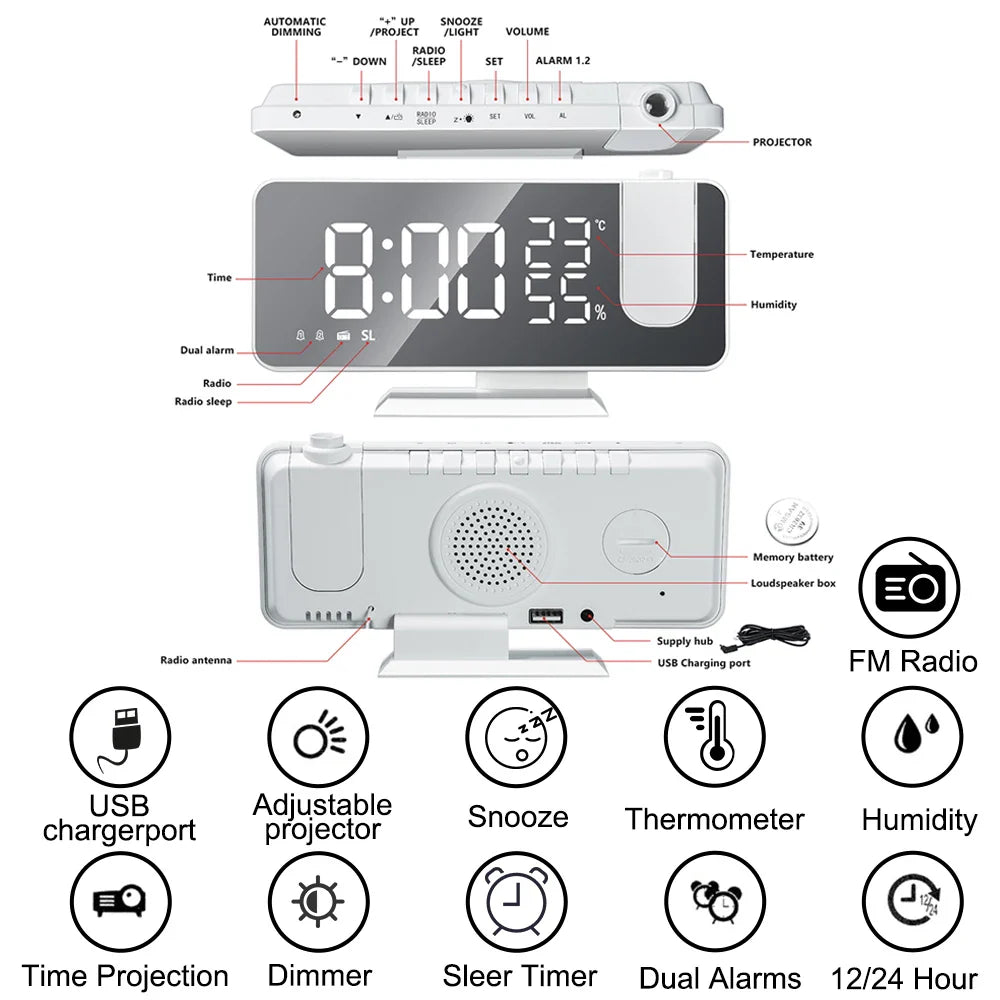 FM Radio LED Digital Smart Alarm Clock Watch Table Electronic Desktop Clocks USB Wake Up Clock with 180° Time Projection Snooze