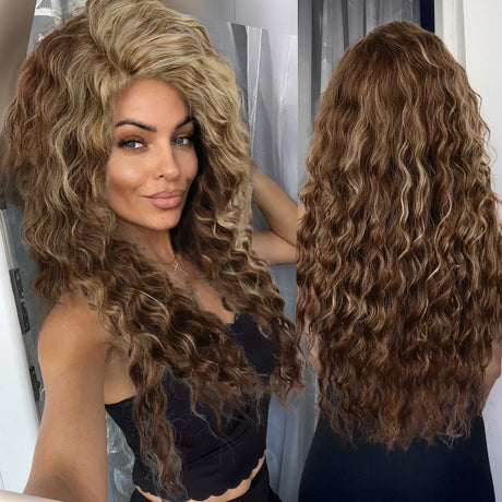 GNIMEGIL Synthetic Long Wave Wig for Woman Natural Brown Wig with Clip Free Part Side Bangs 80s Curly Wigs for Women Ombre Wig