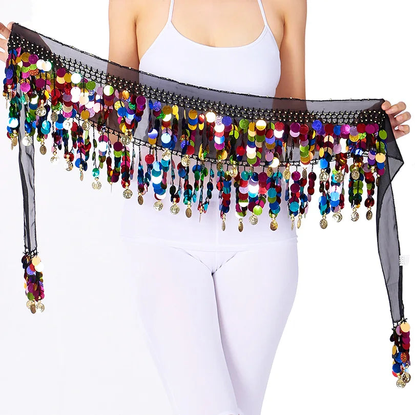 Colorful Belt Belly Dance Belt Costumes Double Layers Sequins Tassel Belly Dance Hip Scarf for Women Indian Belly Dancing Belts