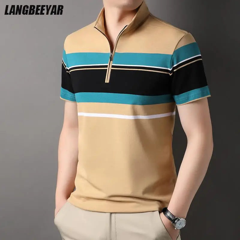 Top Grade Yarn-dyed Process Cotton Zipper New Summer Brand Striped Polo Shirt Short Sleeve Casual Tops Fashions Clothes Men