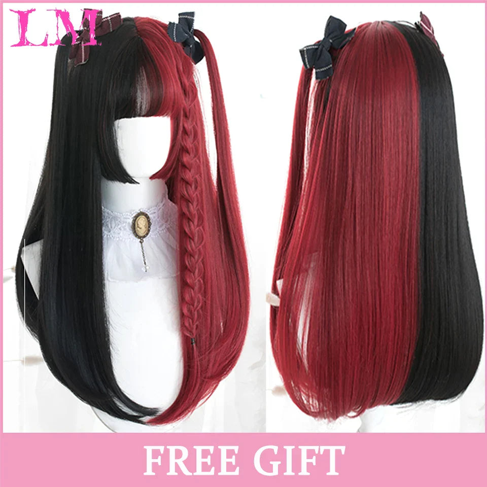 LM Cosplay Wig With Bangs Synthetic Straight Hair 24 Inch Long Heat-Resistant Pink Wig For Women