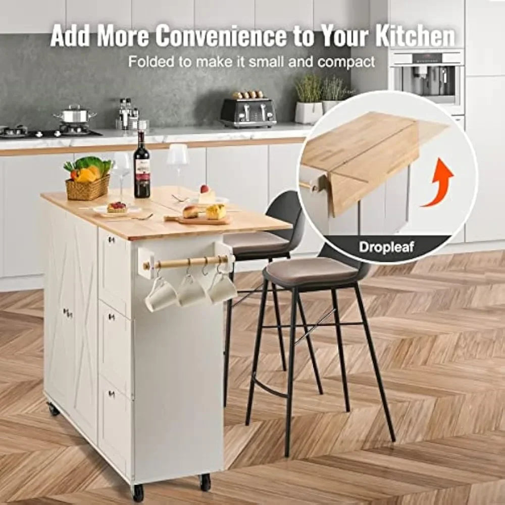 45.3" Width Mobile Carts With Storage Cabinet Kitchen Island Cart With Solid Wood Top Trolley Shelf Portable Islands on Wheels