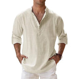 New Men's Cotton T Shirts Linen Casual Long Sleeve Button Down Shirt Loose Collar Solid Color Tops S-5XL