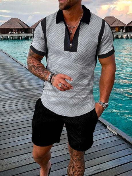 Men's Tracksuit Cotton Solid Color Short Sleeve Zipper Polo Shirt&Shorts Set for Men Casual Streetwear 2-piece Suit 2023 Summer