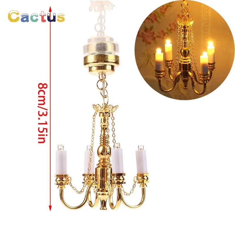 1:12 Dollhouse Miniature LED Ceiling Lamp Gold Chandelier Droplight Lighting Lights Battery Operated Furniture Model Decor Toy