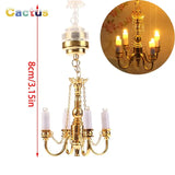 1:12 Dollhouse Miniature LED Ceiling Lamp Gold Chandelier Droplight Lighting Lights Battery Operated Furniture Model Decor Toy