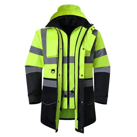 Safety Jacket Reflective Waterproof Windproof Coldproof  Hi Vis 7 in 1 Parka Windbreaker Workwear with Detachable Cotton Linner