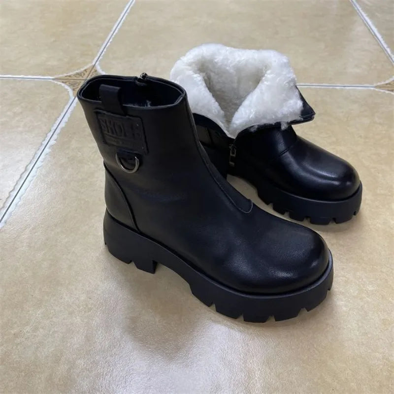 Chunky Heel Platform Women Shoes 2023 New Round Toe Winter Short Plush Women's Boots Simple Fashion Zipper Boot Zapatos De Mujer