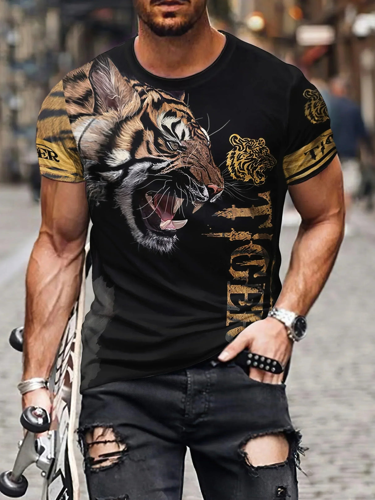 2024 Men's Summer New 3D Printing Fierce Lion Breathable Round Neck Short Sleeve T-shirt Plus Size Men's Top