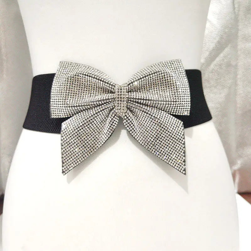 Diamond Glitter Bow Tie Waistbelt for Girls with Bowknot Rhinestone Wide Waist Belt for Dress Match Elastic Waist Seal