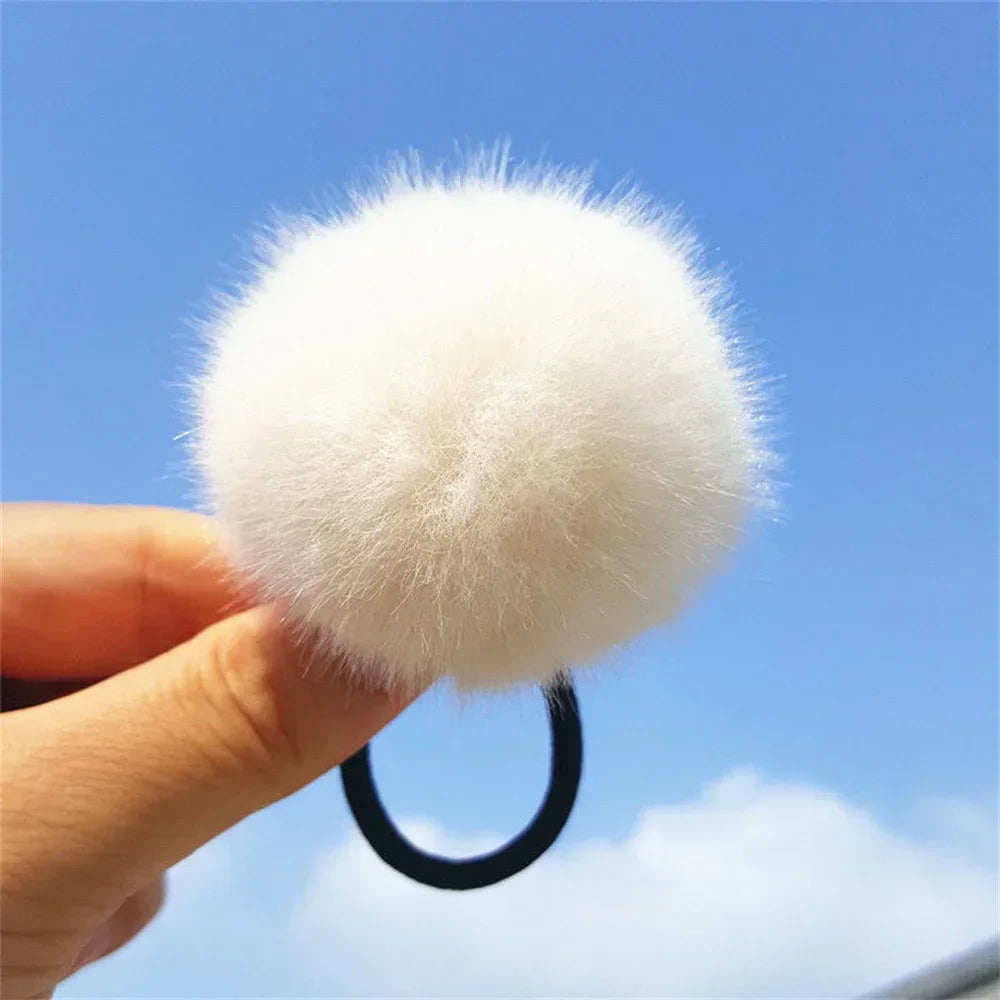 Cute Fur Ball Plush Hair Rope High Elastic Black Hair Ties With Pompom Women Toddler Girls Ponytail Holder Seamless Rubber Bands