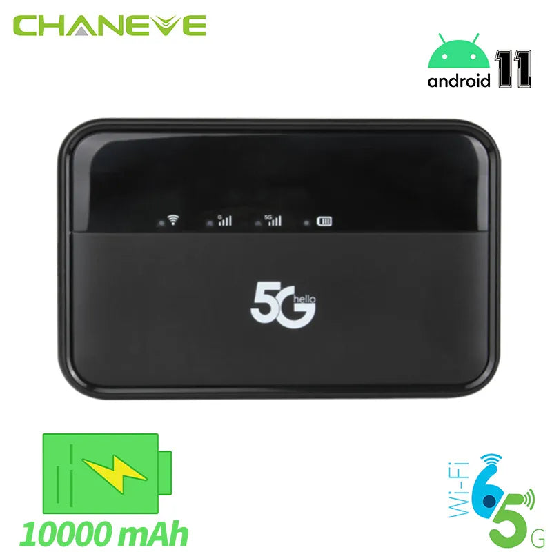 CHANEVE 5G Router Unlocked Mifi Modem Mobile Travel Hotspot WiFi Device With SIM Card Slot 10000mAh Wireless WIFI6 Ax1200Mbps