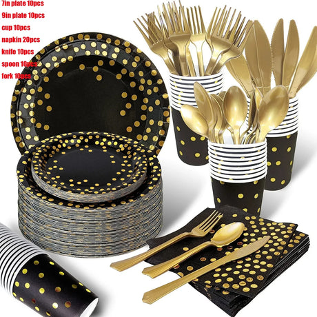 Black and Gold Party Supplies Polka Dot Plate Disposable Party Dinnerware Golden Spoon Fork Cup Tablecloth for Graduation