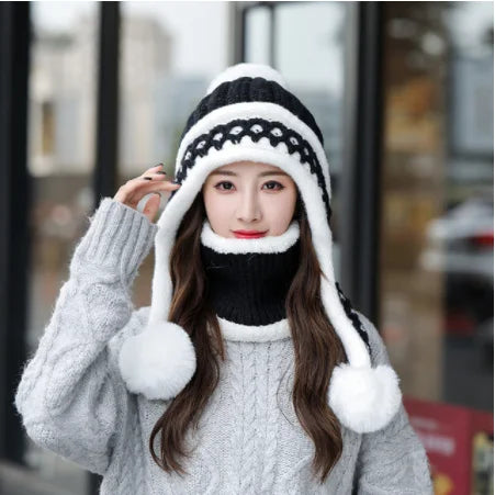 New Knitted Hat Thick Warm Earflap Hats Scarf 2Pcs Set Fleece Lined Ball Pompom Skullies Beanies Women Winter Rabbit Fur Cap