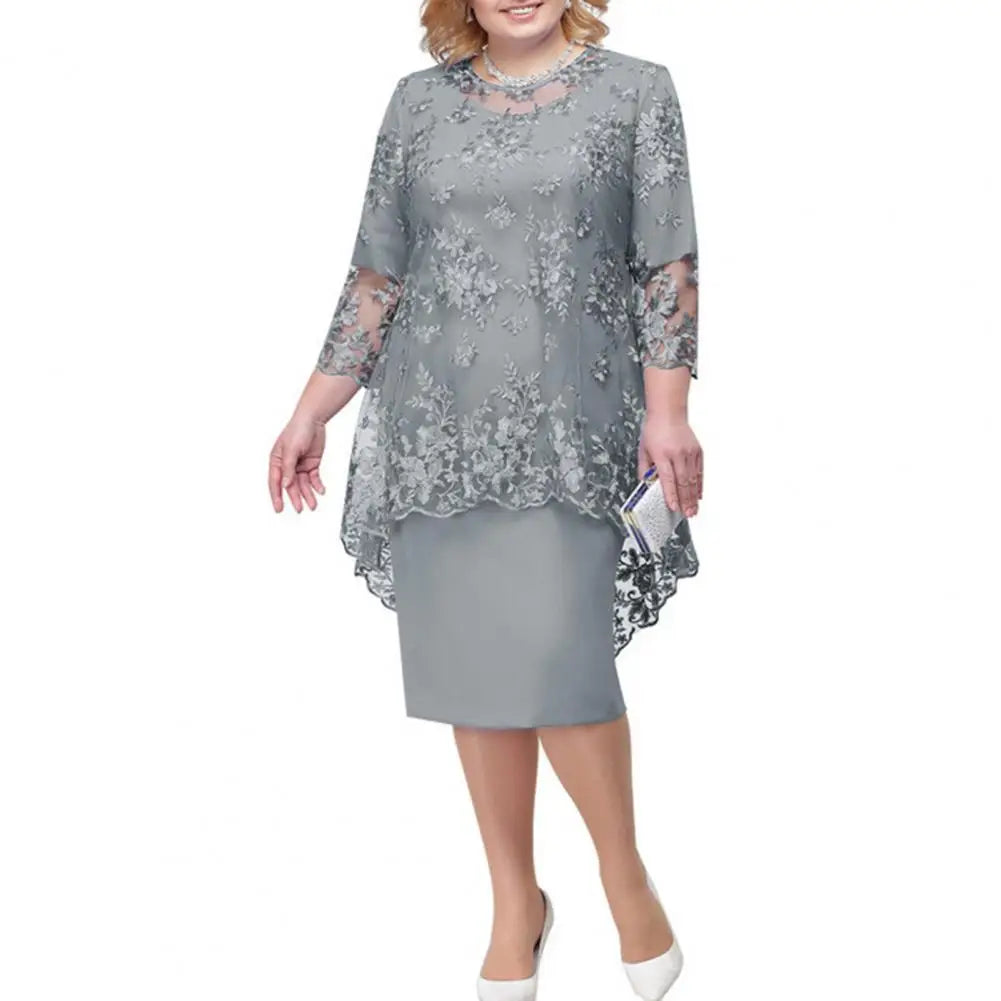 O-neck High-Waist Plus Size Midi Dress Party Dress Embroidery Lace 3/4 Sleeve Lady Evening Dress Elegant Bodycon Female Clothing