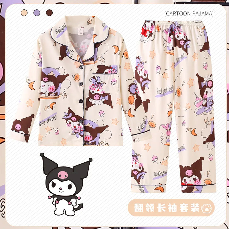 Spring Miniso Cute Children's Pajamas Sets Kawaii Anime Kuromi Pochacco Cinnamoroll Girl Boy Sleepwear Milk Silk Kids Loungewear