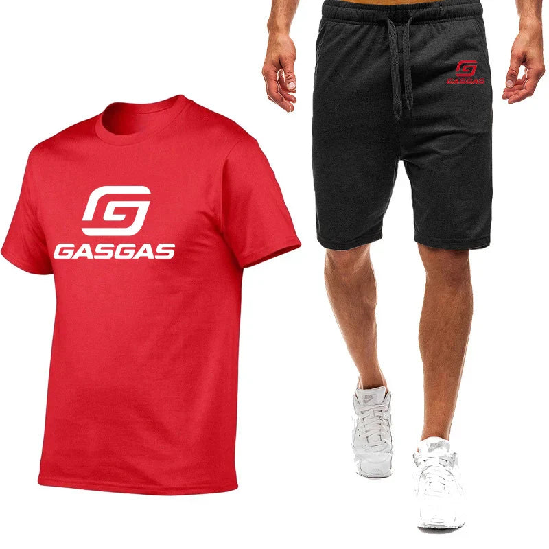 Motorcycles GasGas Summer Men's Sportswear Shorts Set Short Sleeve Breathable Grid T-Shirt Shorts Casualwear Basketball Training