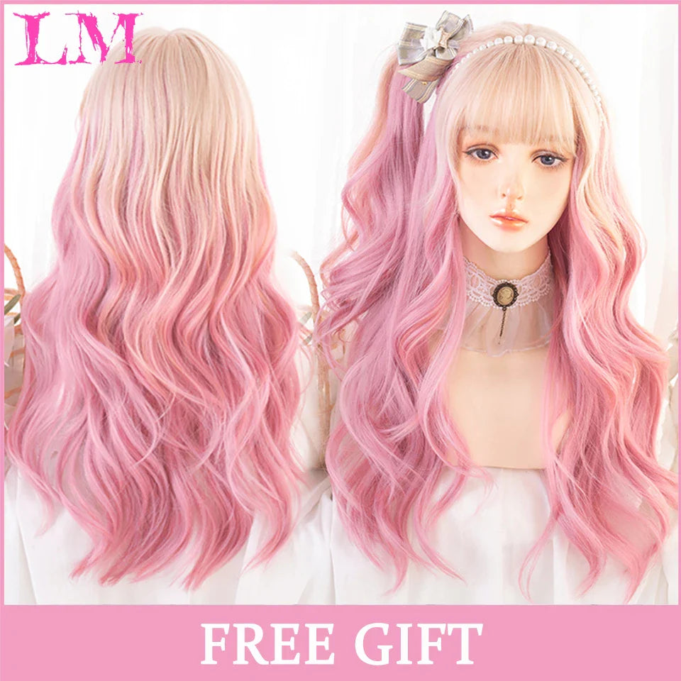 LM Cosplay Wig With Bangs Synthetic Straight Hair 24 Inch Long Heat-Resistant Pink Wig For Women