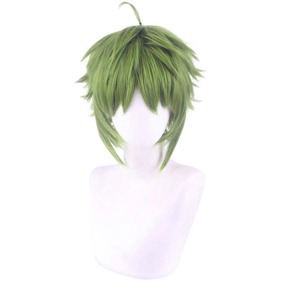 Men Synthetic Green Short Wavy Wig Cosplay Anime Costume Boy Fake Hair Cosplay Wig for Halloween Christmas Party+Hair Cap