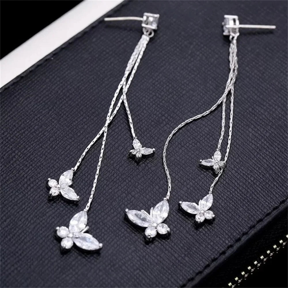 Korean Fashion Zircon Butterfly Tassel Earrings Trendy Crystal Silver Color Rhinestone Pendant Earrings Party Jewelry