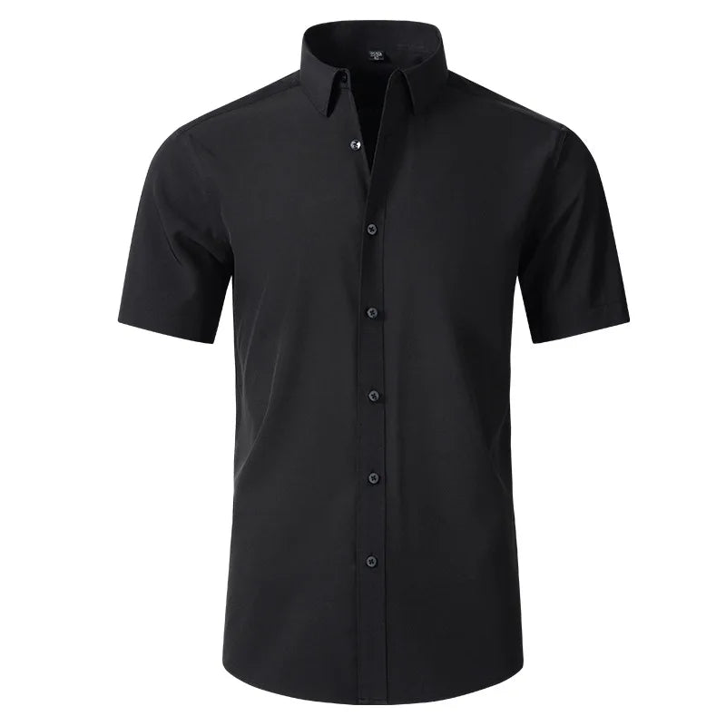 Plus 6XL Men's Social Shirt New Autumn Spring Business Dress Shirts Non-iron Casual Solid Vertical Black Slim Fit Elastic Clothe