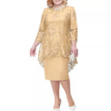 O-neck High-Waist Plus Size Midi Dress Party Dress Embroidery Lace 3/4 Sleeve Lady Evening Dress Elegant Bodycon Female Clothing