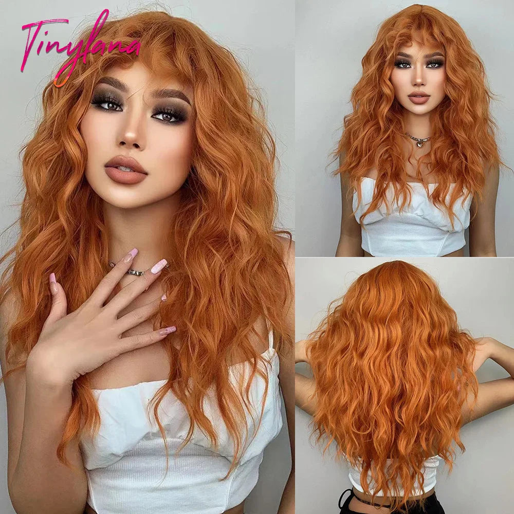 Long Curly Orange Brown Ombre Synthetic Wavy Wigs with Bangs Ginger Cosplay Party Wig for Women Afro Natural Hair Heat Resistant