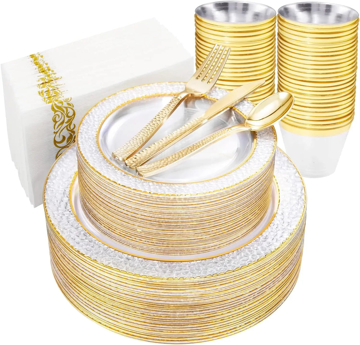 350PCS Gold Disposable Dinnerware Set, 50 Dinner Plates, Salad Plates, Guests Silverware Set, Cups, 50 Napkins