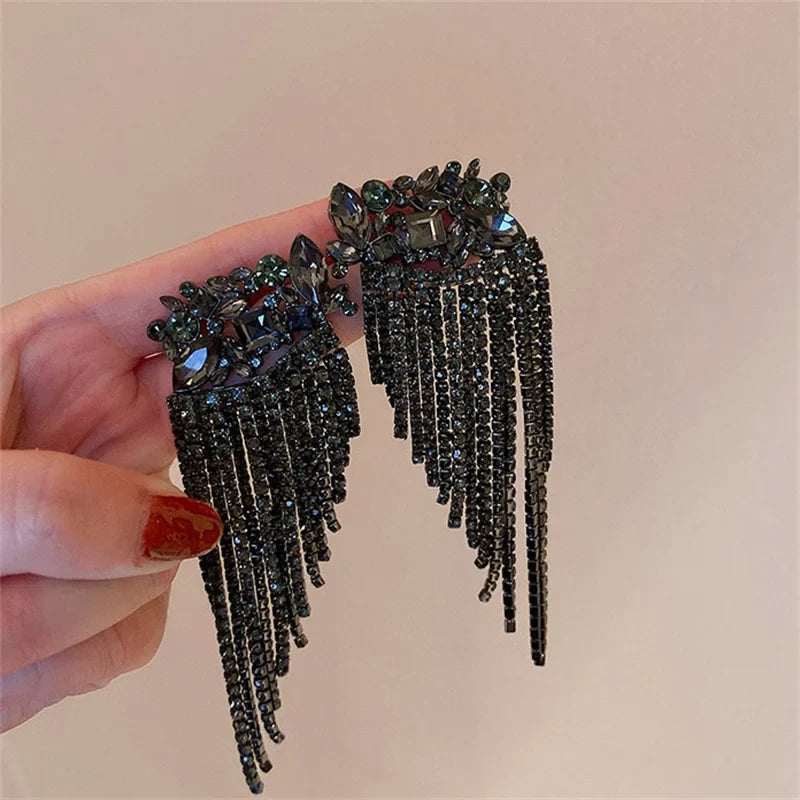 FYUAN Long Tassel Full Rhinestone Drop Earrings for Women Long Black Crystal Dangle Earrings Fashion Jewelry Accessories