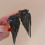 FYUAN Long Tassel Full Rhinestone Drop Earrings for Women Long Black Crystal Dangle Earrings Fashion Jewelry Accessories