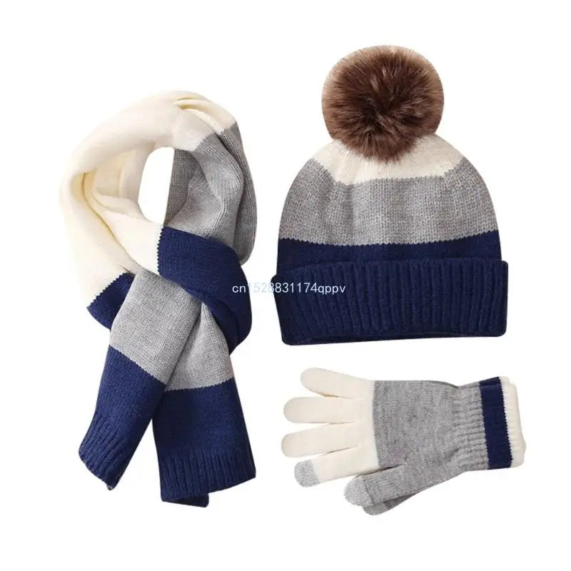 Kids Hat Scarf & Gloves Set Winter Pom Pom Hat with Gloves & Scarf Warm Knitted Beanie Hats Girls Boys Gloves Dropship