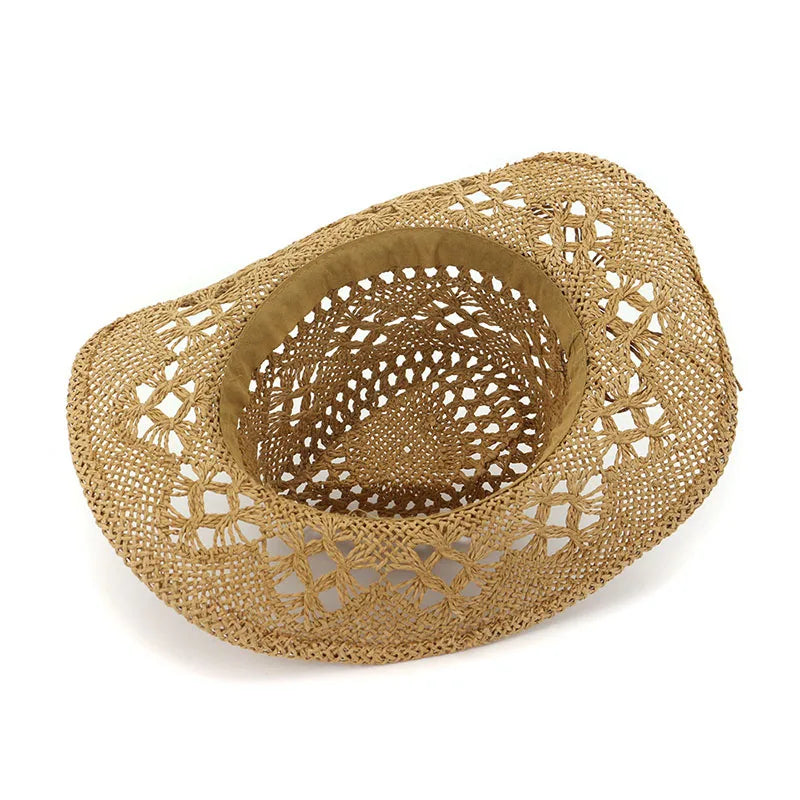 Spring and Summer New Hollow Cowboy Hat Hand-woven Straw Hat Breathable  American-style Warped Edge Foreign Trade Jazz Hat