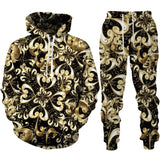 Spring Autumn  Golden Floral 3D Printed Hoodie/Tracksuit Casual Sweatshirt and Trousers Set Fashion Men Women Sports Suit