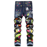 Men's Painted Stretch Denim Jeans Streetwear Colored Slim Tapered Pants Blue Trousers