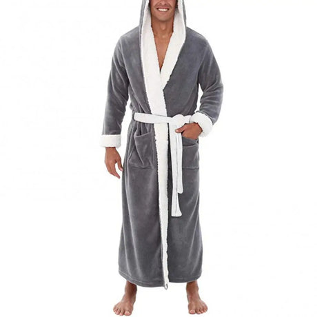 Men Soft Coral Fleece Color Block Pockets Long Bath Robe Home Gown Sleepwear