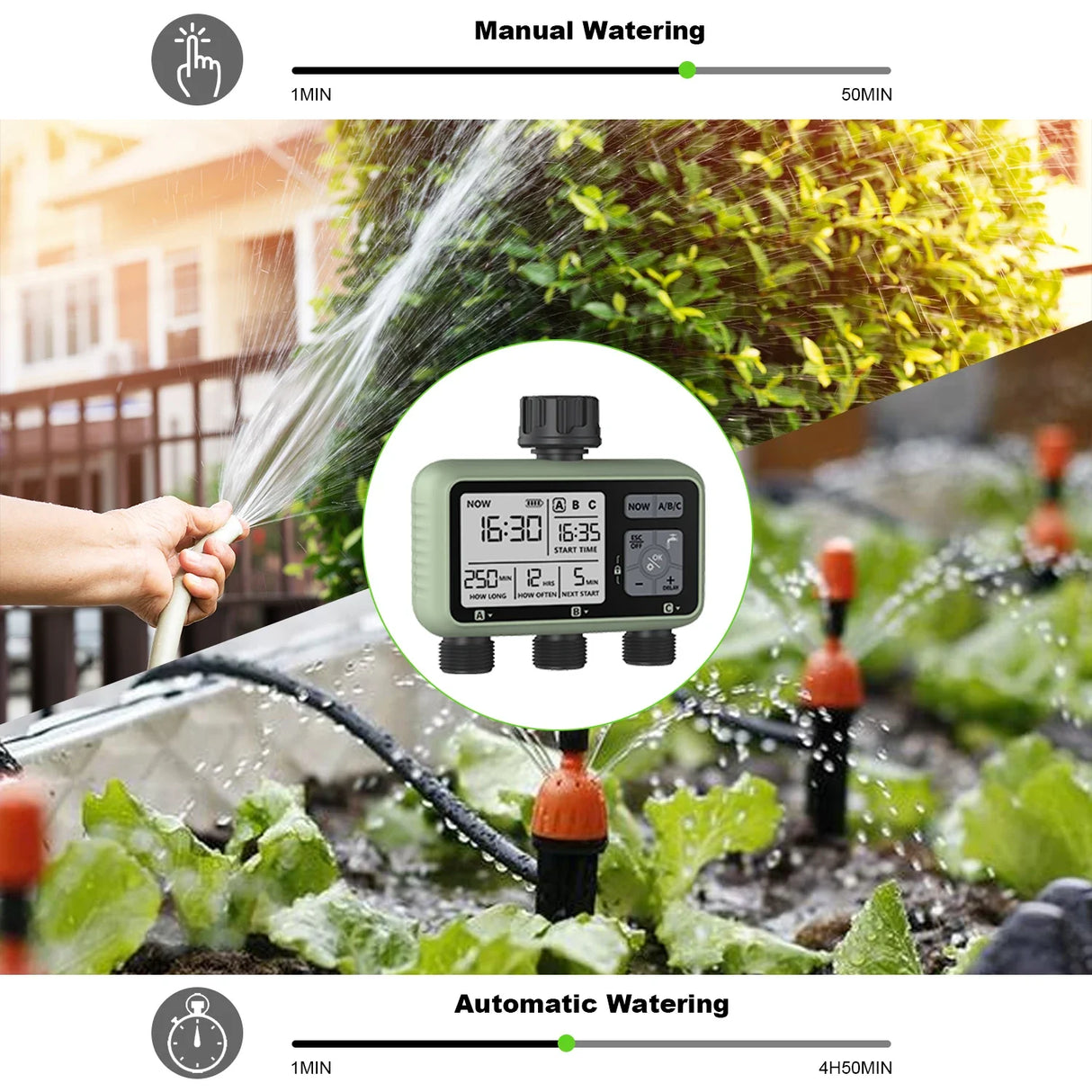 Eshico Newest 2024 3-Outlet Water Timer Independent Control Program Digital Garden Sprinkler