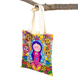 Ladies Shopping Bag Cartoon Virgin Mary Series Handbag Foldable Reusable Cloth Shopper Harajuku Style Student Canvas Tote