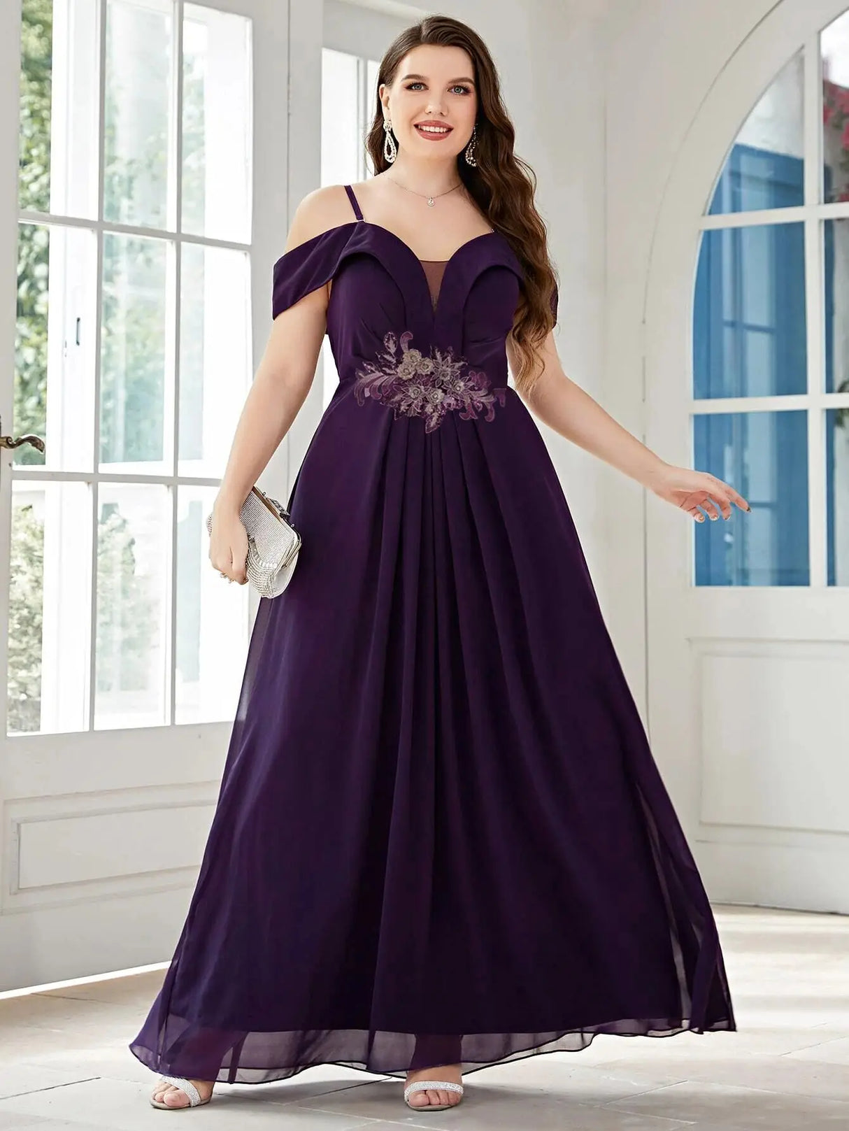 Sequin Evening Dress For Wedding Bridesmaid Plus Size Female Purple Plunging Neck Butterfly Sleeve Glitter Party Lady Dress